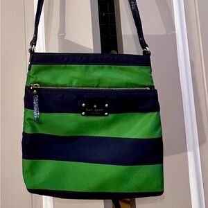 Kate Spade Kelly Green & Blue Striped Nylon Bag. Navy Patton Leather Strap. 🌻🌻